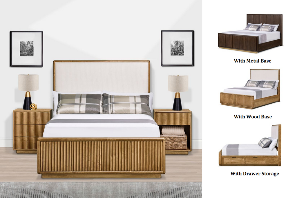 Suma Uph Queen Bed with Wood Base<br><small>Available in alternate sizes, fabrics, leathers and finishes</small>