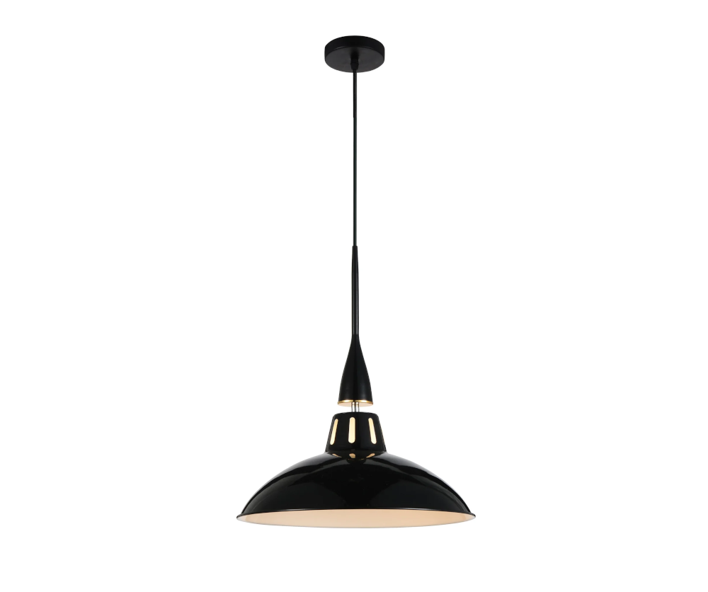 Bellevue Pendant, metal shade finished in Black with chrome metal accent, mount and wiring finished in black. SKU 85724